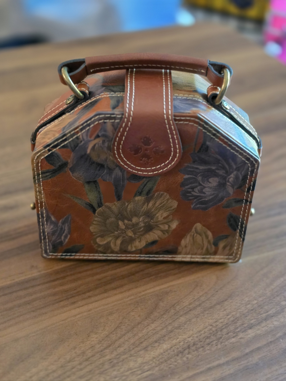 Patricia Nash Leather Floral Mini Top-Handle Bag in Brown and Purple - Picture 2 of 7